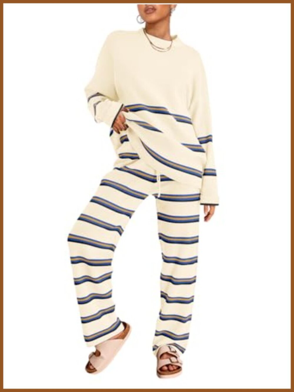 Striped 2 Piece Sweater Lounge Set Batwing Sleeve Wide Leg Tracksuit